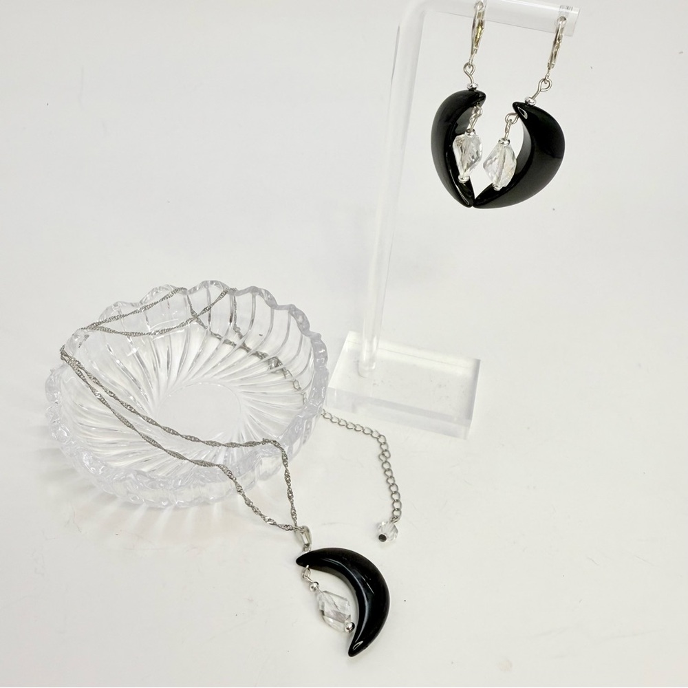 Artisan Black Onyx Moon and Clear Crystal Pendant and Matching Earrings Set